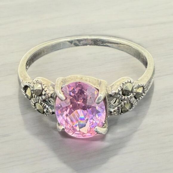 None Jewelry - Vintage Pink Ice CZ Marcasite Ring 925 Sterling Silver US Size 6.75